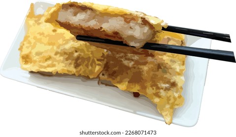 Tofu skin stuffed with shrimp paste and fried. An aperitif. A traditional Chinese dish is on the dim sum menu. Soy sauce or mayonnaise for dipping. The shell is crunchy and the inside is meaty.