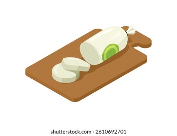 Tofu slice in plastic wrap on cutting board. Simple flat illustration in isometric view.