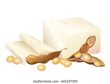 Tofu (soy bean curd) with soybeans and pods. Hand drawn vector illustration isolated on white background.