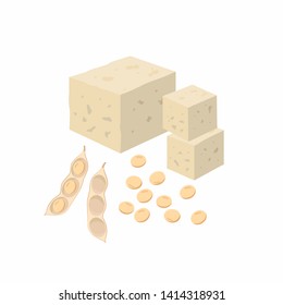 Tofu and soy bean pod with soy seeds isolated on white background. Vector illustration in flat design.