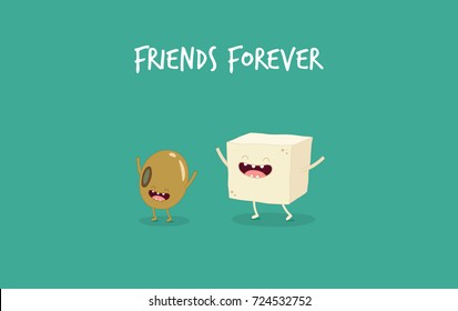 tofu, soy beans, friends forever. Vegan food. Funny food. Vector illustration. Use in the menu, in the shop, in the bar, the card or stickers.