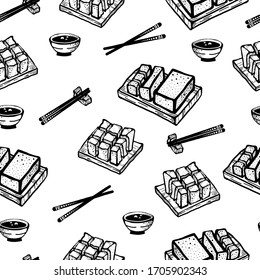 Tofu soybean curd food with chopsticks, manual slice of tofu vector illustration isolated on white background.Healthy diet vegan food. Healthy asian nutrition food.
