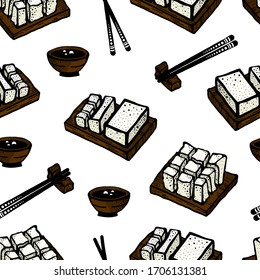 Tofu soybean curd food with chopsticks, manual slice of tofu vector illustration isolated on white background.Healthy diet vegan food. Healthy asian nutrition food.