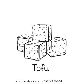 Tofu square slice outline vector icon, drawing monochrome. Bean curd, protein food illustration