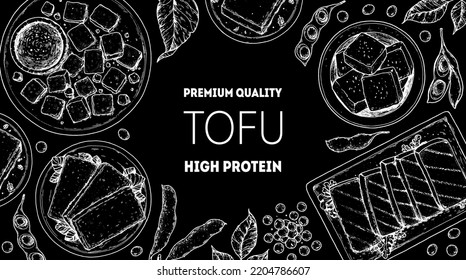 Tofu top view frame. Hand drawn vector illustration. Tofu sketch. Asian food. Soybean sketch. Tofu cooking. Vegan food. Vintage design template. Product design. Great for packaging, recipe book, menu.