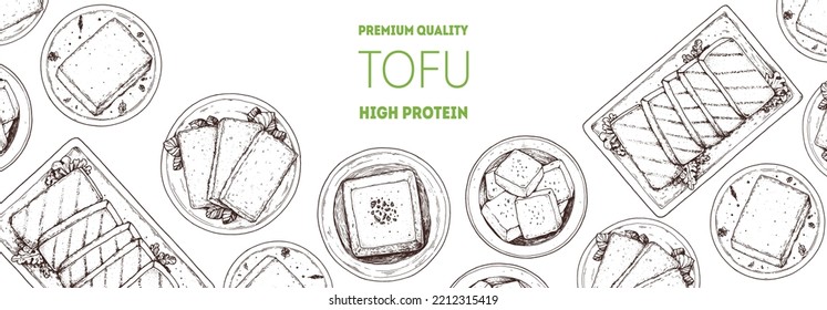 Tofu top view frame. Hand drawn vector illustration. Tofu sketch. Asian food. Soybean sketch. Tofu cooking. Vegan food. Vintage design template. Product design. Great for packaging, recipe book, menu.