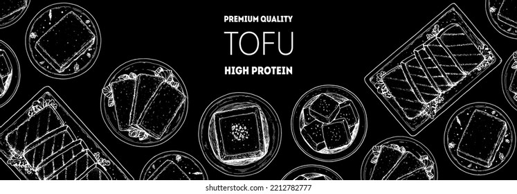 Tofu top view frame. Hand drawn vector illustration. Tofu sketch. Asian food. Soybean sketch. Tofu cooking. Vegan food. Vintage design template. Product design. Great for packaging, recipe book, menu.