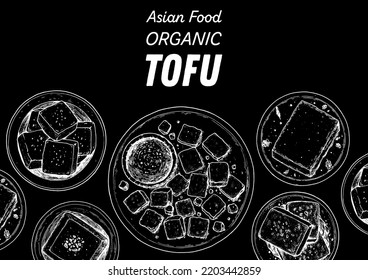 Tofu top view. Hand drawn vector illustration. Tofu sketch. Asian food. Tofu dish. Vegan food. Vintage design template. Product design. Great for packaging, recipe book, menu.