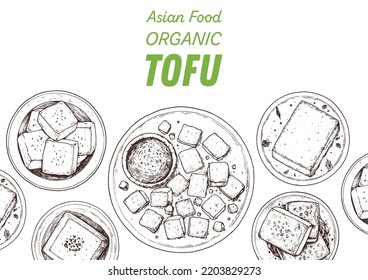 Tofu top view. Hand drawn vector illustration. Tofu sketch. Asian food. Tofu dish. Vegan food. Vintage design template. Product design. Great for packaging, recipe book, menu.