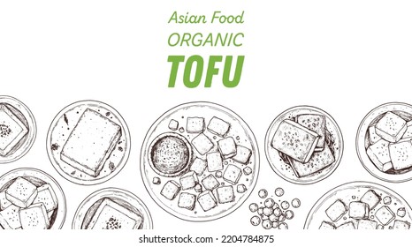 Tofu top view. Hand drawn vector illustration. Tofu sketch. Asian food. Tofu dish. Vegan food. Vintage design template. Product design. Great for packaging, recipe book, menu.