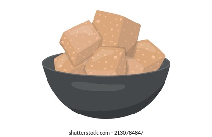 Tofu, vegan bio soy cheese in black bowl. Vector stock illustration isolated on white background for packaging design, cookbook, recipe book. EPS10