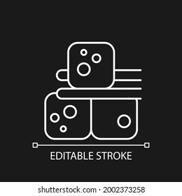 Tofu white linear icon for dark theme. Food made of soy milk. Helthy diet. Cheese types. Thin line customizable illustration. Isolated vector contour symbol for night mode. Editable stroke