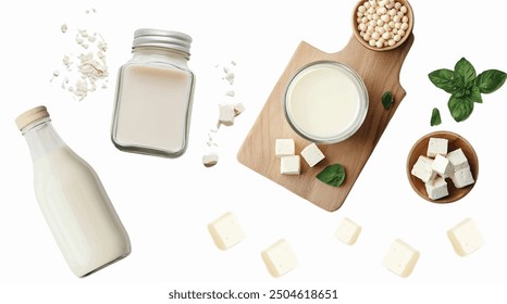 tofu in wood bowl and milk in glass bottle on white background