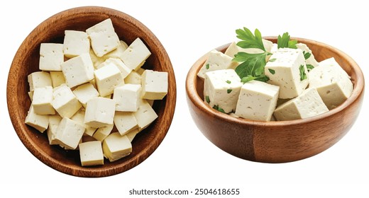 tofu in wood bowl and milk in glass bottle on white background