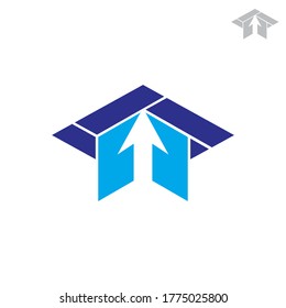Toga with up arrow logo concept. Graduation cap flat logo template in blue color