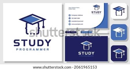 Toga Graduation Hat Study Tech Programmer Coding Computer Hacker logo design with Template Business Card