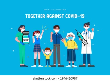 Together Against Covid-19 concept poster vector illustration. People of different ages fight together