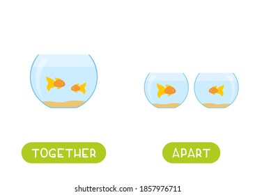 TOGETHER and APART antonyms word card vector template. Flashcard for english language learning. Opposites concept. Two fish in one aquarium, fish in different aquariums