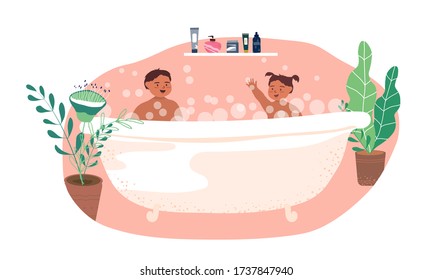 Together bathing boy and girl in the bathroom vector illustration in flat style. Parents bathe little children in the bathroom. Toddlers, kids in bathroom. Cartoon characters.