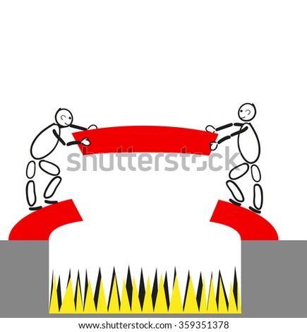 Together build two males have a red bridge over a dangerous precipice with yellow and black lace. One obstacle is overcome.