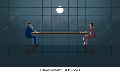 Together concept of romantic couple in love between man and woman eating dinner dating in minimal restaurant. Window city view at night in the dark and full moon light. Idea illustration scene.