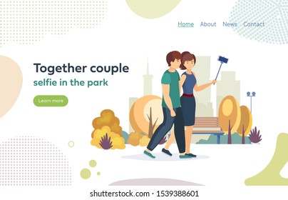 Together couple selfie in the park. Selfie together photo, In love couple woman and man taking self-photo as keepsake on the background of beautiful autumn city park. Vector cartoon illustration