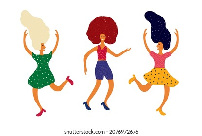 Together Female Summer Vector White Background. Retro Celebrate Women Wallpaper. Positive Character Template. Color Teen Club Pattern. Joy Youth Fashion Cover.