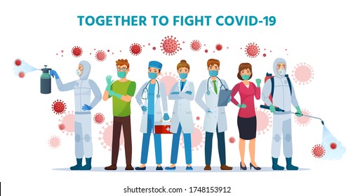 Together to fight Covid-19. Healthcare collaboration, fights coronavirus. Doctors, nurses and people wearing safety face mask and sanitizer spray vector illustration. Medical team, teamwork protection