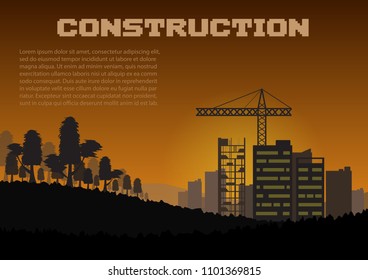 Together of the forest and tower crane on construction site in sunset or sunrise background.Vector illustration.