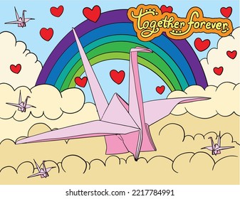 Together forever font with origami birds, sky and heart element. Hand drawn with inspiration word. Doodles art for Happy Valentine's day card or greeting card. Coloring book for adults and kids.