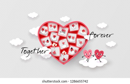 Together forever I love you Declaration of love creative test for Valentine's Day Wedding Engagement Honeymoon holiday advertising Heart decorated photo of a pair of lovers Vector illustration