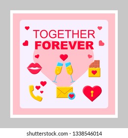 Together forever social media posts mockup. Love and dating. Advertising web banner design template. Social media booster, content layout. Isolated promotion border, frame with headlines, flat icons