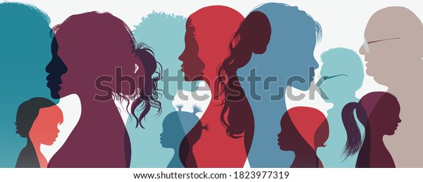Together group generation.Family concept.Mother\
Father parents fellow toddler grandparents daughter son\
grandchildren brother sister boy girl young baby.Human silhouette\
face head profile