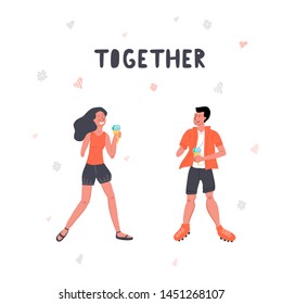 Together hand drawn vector lettering. Motivational hand drawn print for disabled people. Disabled girl and man. 