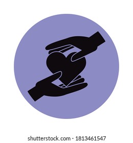 together, hands protected heart charity helping pictogram block silhouette icon vector illustration