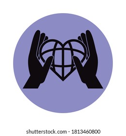 together, hands world shaped heart, support friendly pictogram block silhouette icon vector illustration