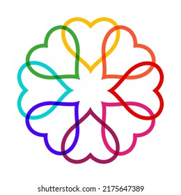 Zusammen Herzen kreisen Kranz. Einheit, Einheit, Gemeinschaft. Romantische runde Valentinstag-Rahmen. Flache Vektorgrafik einzeln auf weißem Hintergrund.
