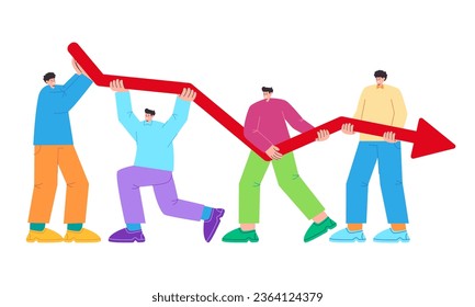 Together holding chart decrease going down arrow red cooperation teamwork colorful action teen casual flat style