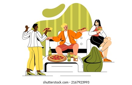 Together At Holiday Party. Men And Girl Eat Pizza At Home. Students And Teenagers Communicate, Fast Food And Home Delivery Of Groceries. Active Lifestyle, Youth. Cartoon Flat Vector Illustration