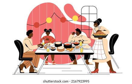 Together at holiday party. Mother brings turkey on tray to family. Thanksgiving celebration. Good relationship, wife, husband and their children have lunch in kitchen. Cartoon flat vector illustration