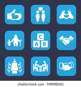 together icon. Set of 9 filled together icons such as ABC cube, handshake, women couple, heart tag, hand with heart, meeting