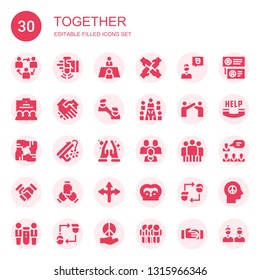 together icon set. Collection of 30 filled together icons included Teamwork, Shake, Meeting, Friend, Team, Handshake, Friendship, Relationship, Unity, Peace, Namaste, Friends
