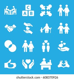 Together icons set. set of 16 together filled icons such as ABC cube, table, circle intersection, hands holding heart, couple, hand holding heart, meeting, handshake, family