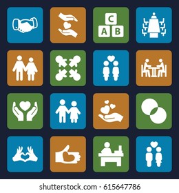 Together icons set. set of 16 together filled icons such as ABC cube, handshake, table, circle intersection, hands holding heart, women couple, couple, hand holding heart