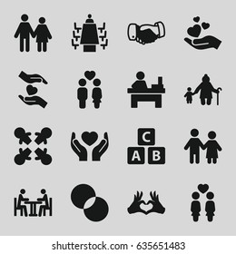 Together icons set. set of 16 together filled icons such as abc cube, handshake, table, circle intersection, hands holding heart, women couple, couple, hand holding heart