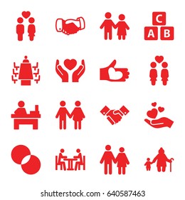 Together icons set. set of 16 together filled icons such as abc cube, handshake, table, circle intersection, hands holding heart, women couple, couple, hand holding heart