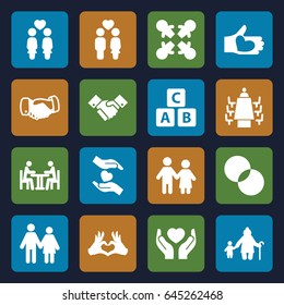 Together icons set. set of 16 together filled icons such as abc cube, handshake, circle intersection, hands holding heart, women couple, heart tag, hand with heart