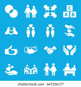 Together icons set. set of 16 together filled icons such as abc cube, handshake, table, circle intersection, hands holding heart, women couple, couple, hand holding heart