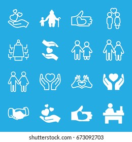 Together icons set. set of 16 together filled and outline icons such as handshake, table, hands holding heart, hand holding heart, couple, meeting, family