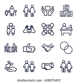 Together icons set. set of 16 together outline icons such as abc cube, handshake, table, circle intersection, hands holding heart, women couple, hand holding heart, meeting